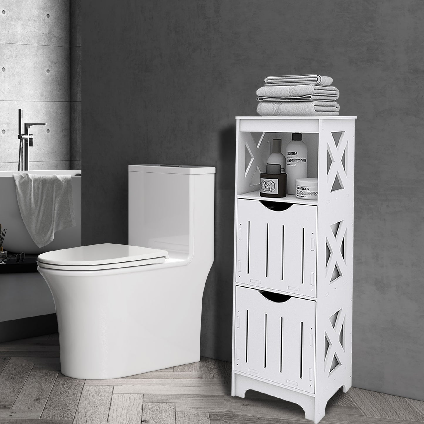 Badkamerkast – Opbergkast – Badkamermeubel – Kast Met Laden – Smalle Kast Wit – Compact 89x30x30 cm – Vochtbestendig Kunststof