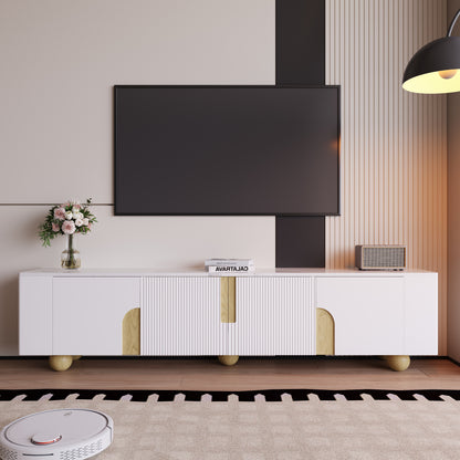 TV-meubel – Tv-kast – Tv-meubelkast – Mediameubel – Dressoir – Wit met houtaccent – 180 cm breed – Marmerlook bovenblad – Vier deuren – Massief houten poten