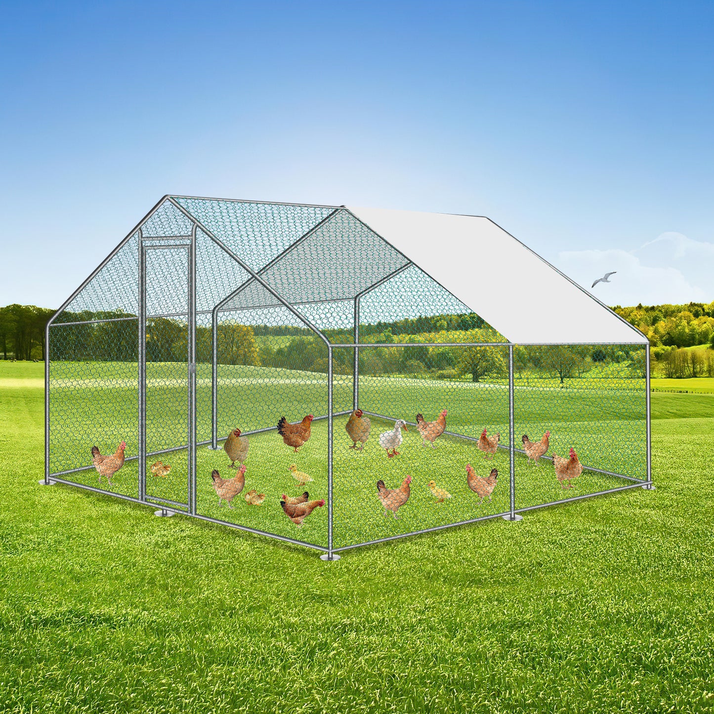Outdoor Pen Chick Coop PE Roof (Polyethylene Roof) Chicken Cage Chicken Coop Outdoor Enclosure Rabbit Cage Aviary Free-Range Stable Enclosure for Poultry Waterproof Animal Run for Chickens Cages Galvanized Chicken House Rabbi