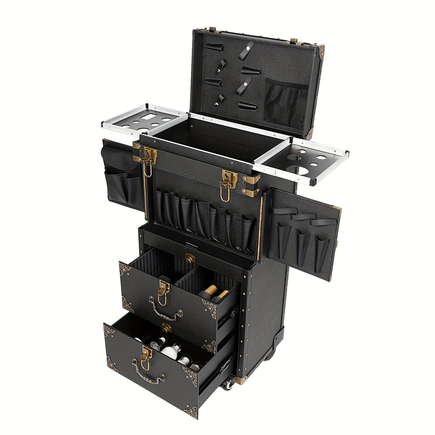 Rolling Makeup Train Case – Koffer, Organizer, Make-up Trolley, Beauty Koffer – Zwart – Met Slot, Haarföhnhouder – Stevig PU Materiaal, 3 Vaks Indeling