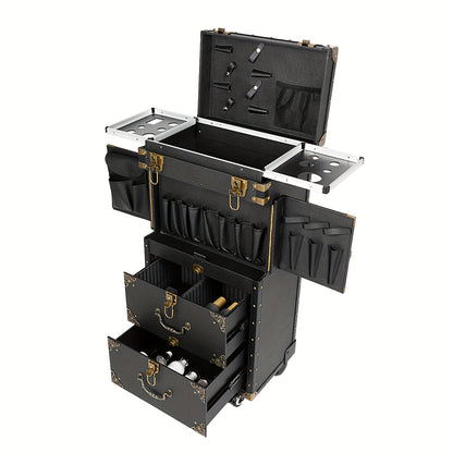 Rolling Makeup Train Case – Koffer, Organizer, Make-up Trolley, Beauty Koffer – Zwart – Met Slot, Haarföhnhouder – Stevig PU Materiaal, 3 Vaks Indeling