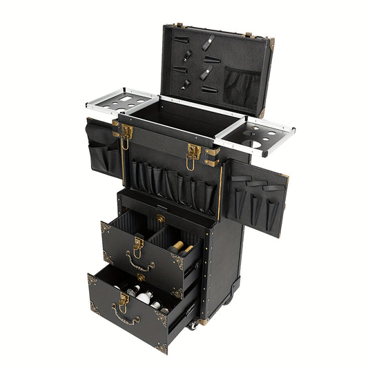 Rolling Makeup Train Case – Koffer, Organizer, Make-up Trolley, Beauty Koffer – Zwart – Met Slot, Haarföhnhouder – Stevig PU Materiaal, 3 Vaks Indeling