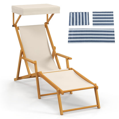Ligstoel – Tuinstoel – Strandstoel – Zonnenligstoel – Lounger – Inklapbaar – Berkenhout – Verstelbare Rugleuning – Zonnescherm – Inclusief Reserveonderdelen – Beige Natural