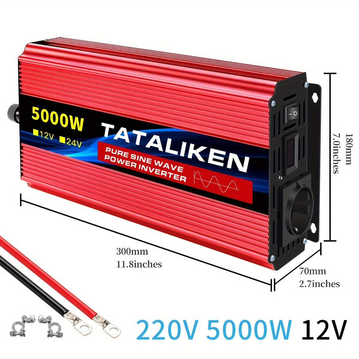 Spanningsomvormer – Omvormer – Inverter – Stroomomzetter – Converter – 12V Naar 220V – Zuivere Sinusgolf – 5000W Piekvermogen – Aluminium Behuizing Met Datadisplay