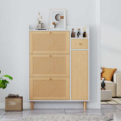 Schoenenkast – Schoenenrek – Schoenenbank – Schoenenopberger – Halmeubel – Hout met Rotan – Compact Formaat 90x125x17 cm – 3 Kantelbare Deuren + Lade