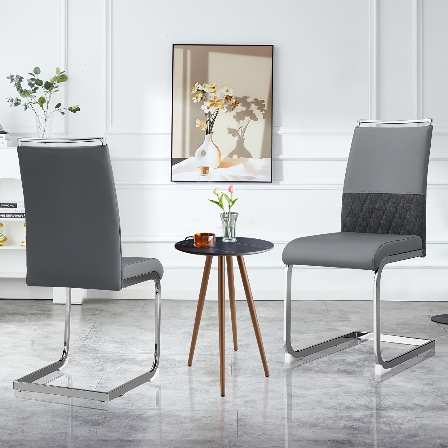 2pcs Modern Dining Chair Set - High Back Upholstered Side Chairs with Cross Stripe Backrest, PU Faux Leather & Linen Fabric, Metal Frame, Gray, Contemporary Style, Dining Room, Kitchen, Guest Office Chair, Dining Room Chairs,