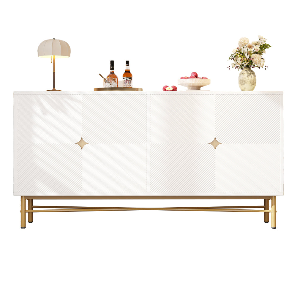Sideboard with Raised Texture 160cm, Cabinet with Four Doors and Golden Brushed Handles & High-Gloss Table Legs, White, 160×40×82cm, Entryway Cabinet, Bedroom Sideboard, Elegant Handles, Sleek Cabinet, Stylish Hardware, Dur