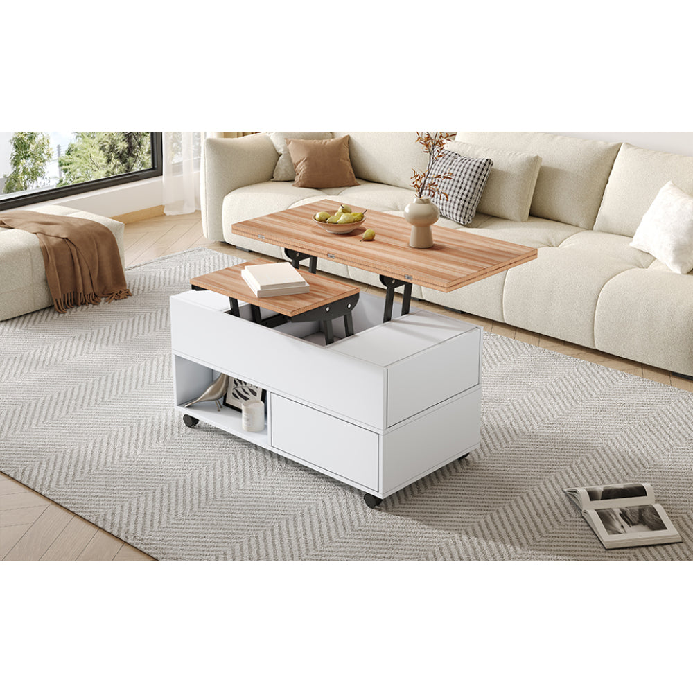 Salontafel – Koffietafel – Tafel – Bijzettafel – Woonkamertafel – Wit Zwart – Verstelbaar Blad Met Wieltjes – Metalen Frame – 4 Laden & Extra Opbergruimte – 100x50x52 cm