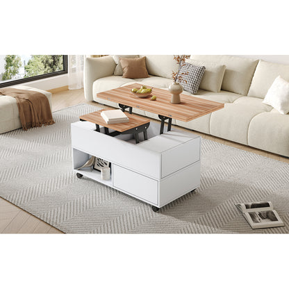 Salontafel – Koffietafel – Tafel – Bijzettafel – Woonkamertafel – Wit Zwart – Verstelbaar Blad Met Wieltjes – Metalen Frame – 4 Laden & Extra Opbergruimte – 100x50x52 cm