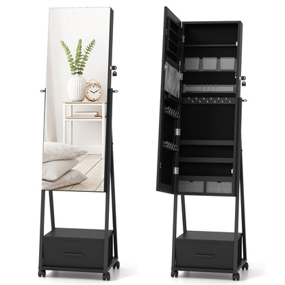 Sieradencabinet – Sieradenkast – Spiegelkast – Make-upkast – Opbergkast – Vrijstaand – Met Slot – Mobiel Met Wieltjes – Zwart – MDF Met Metaal – 42x38x157 cm