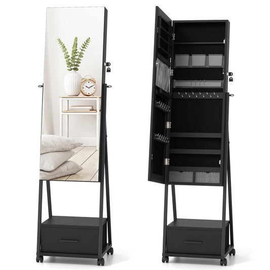 Sieradencabinet – Sieradenkast – Spiegelkast – Make-upkast – Opbergkast – Vrijstaand – Met Slot – Mobiel Met Wieltjes – Zwart – MDF Met Metaal – 42x38x157 cm