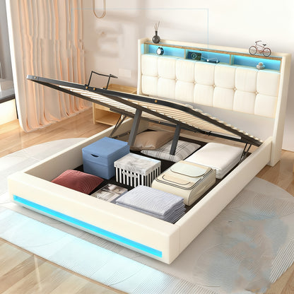 Upholstered Ottoman Bed with Hydraulic Lift & LED Storage Headboard | 140x200cm Double Bed Frame, Grey, Powered, Contemporary Style, Assembled - Oyajia
