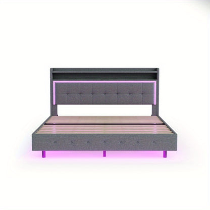 Bedframe – Ledikant – Slaapkamerset – Boxspring – Tweepersoonsbed – Grijs Linnen – Zacht Hoofdbord – Verborgen Poten – Modern Design – 160x200 cm Stabiel