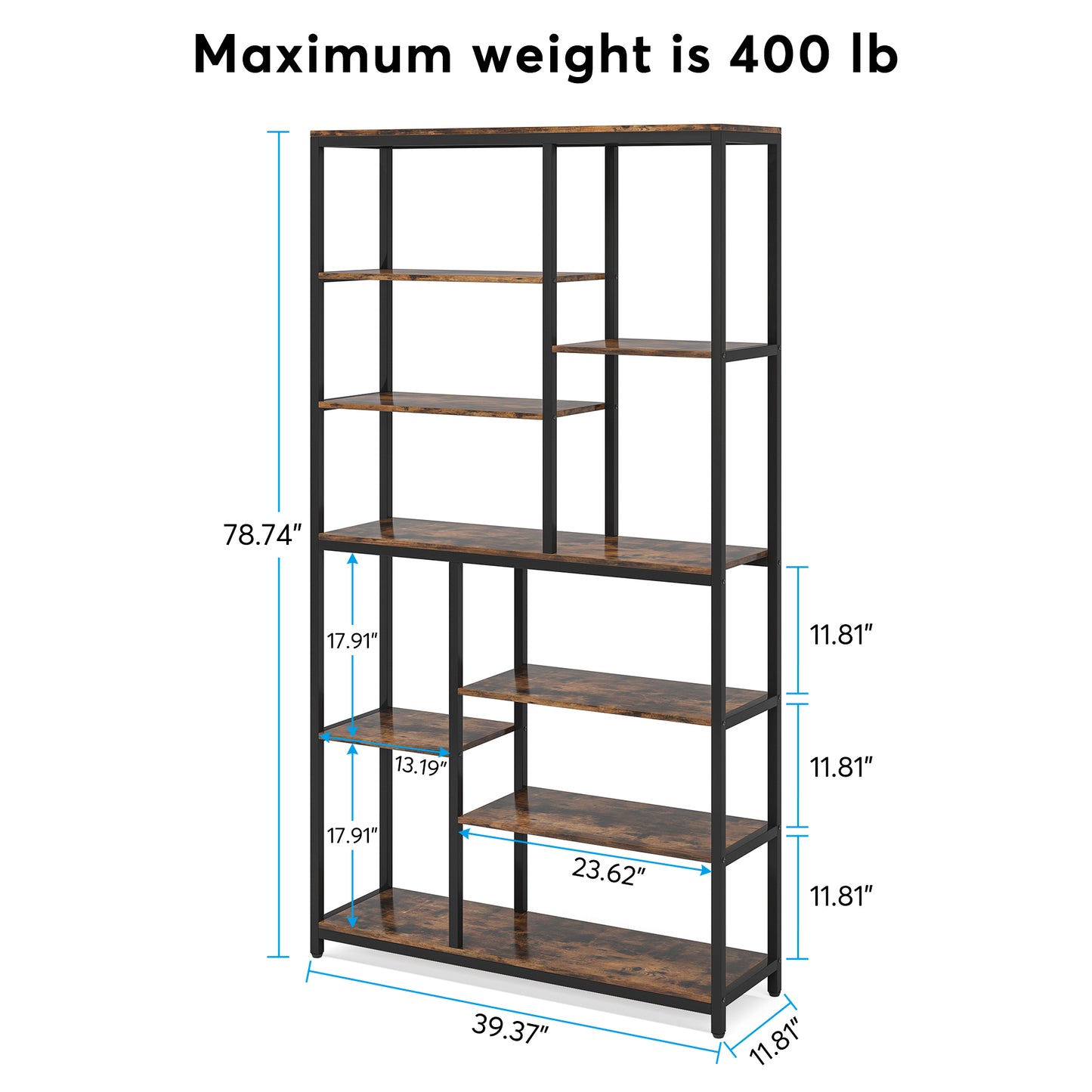 Boekenplank – Boekenkast – Opbergkast – Wandrek – Vakkenkast – Industrieel design – 8-laags Afgestag-erd Metalen Frame Met Hout – Grote Vrijstaande Opbergruimte van 200 cm Hoog