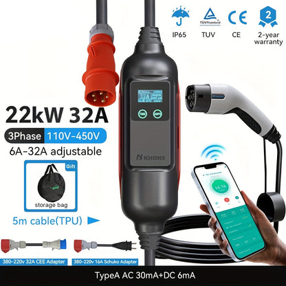 Elektrische Autooplader – EV Oplader – Mobiele Lader – Type 2 Charger – Draagbare Laadkabel – 22kW Vermogen – 32A Instelbaar