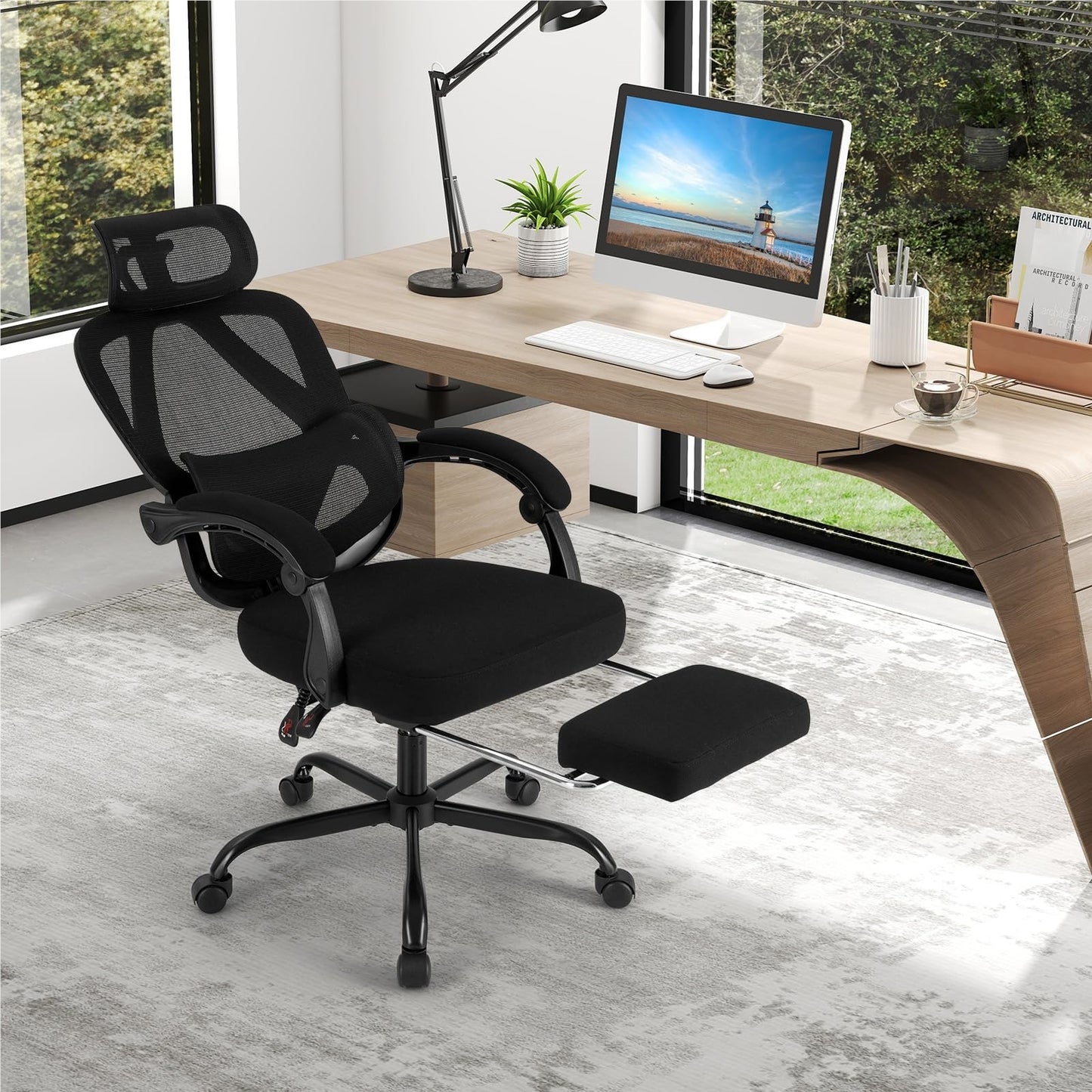 Ergonomische Bureaustoel – Bureaustoel – Werkstoel – Computestoel – Draaistoel – Uitschuifbare Voetsteun – Verstelbare Rugleuning & Hoofdkussen – Ademend Mesh Materiaal