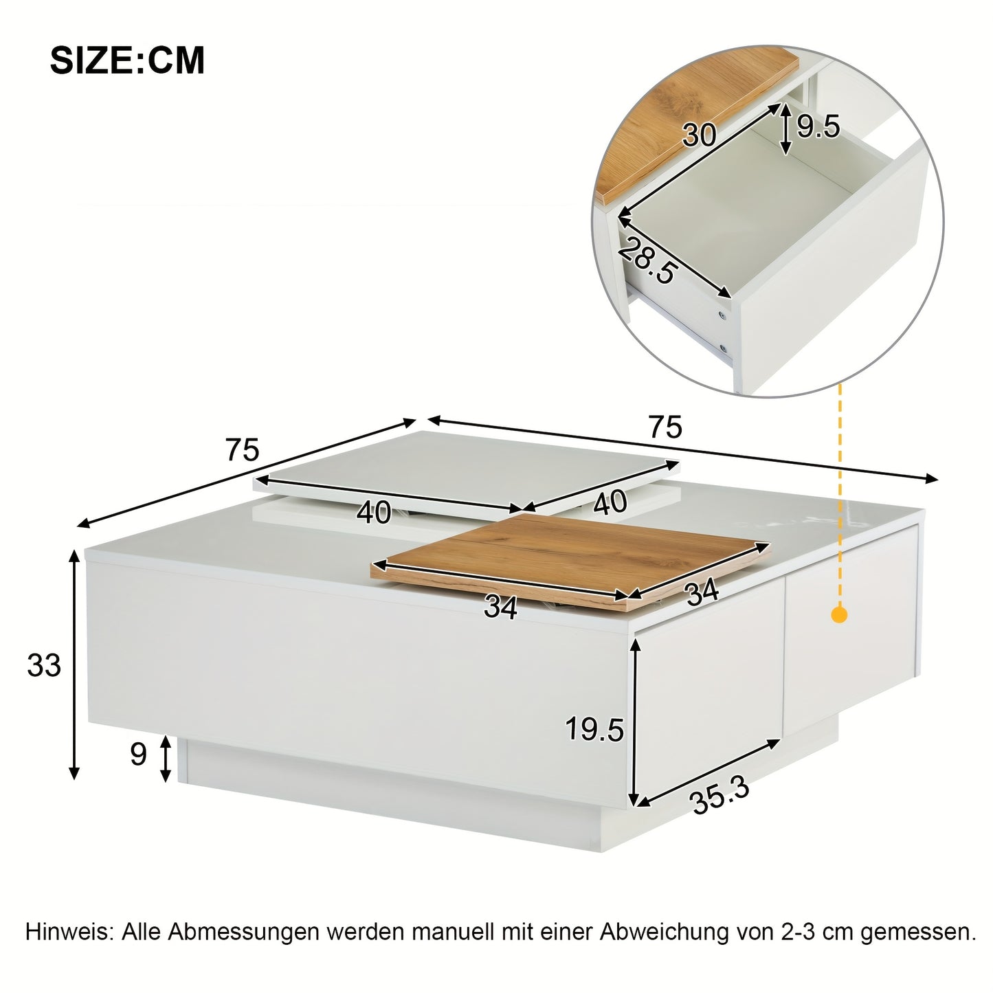 Salontafel – Koffietafel – Woonkamertafel – Bijzettafel – Tafel – Hoogglans Wit – Vierkant – Schuifbaar Tafelblad – Houten Opbergruimte