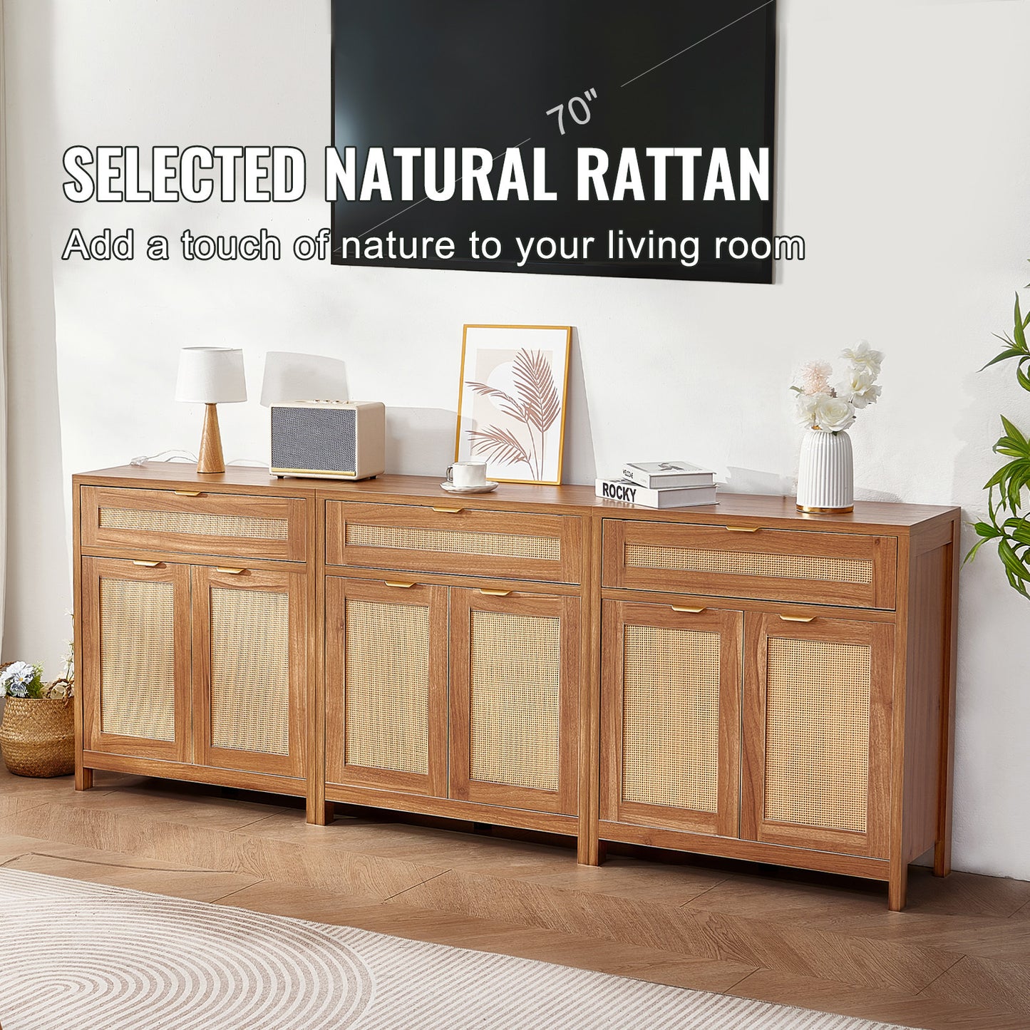 VEVOR Rattan Cabinet with 6 Doors 3 Drawers Adjustable Shelves Set of 3 Natural