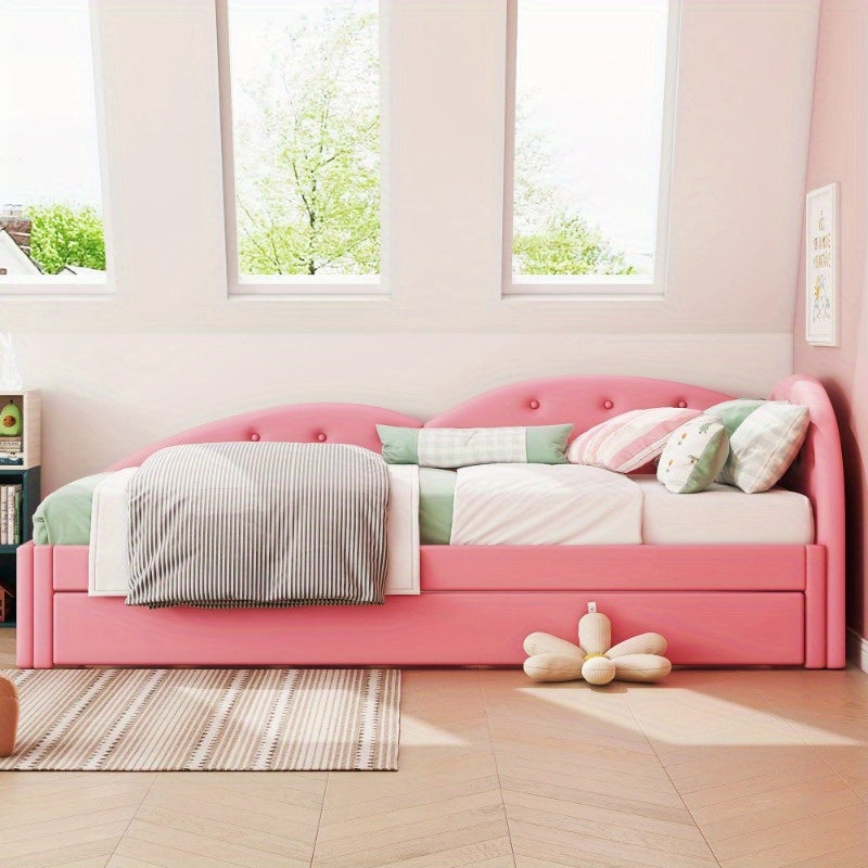 Slaapbank – Uitschuifbare Bedbank – Logeerbed – Bankbed – Bedbank 90x200 cm – Roze PU Leder – Modern Design – Handmatig Uitschuifbaar