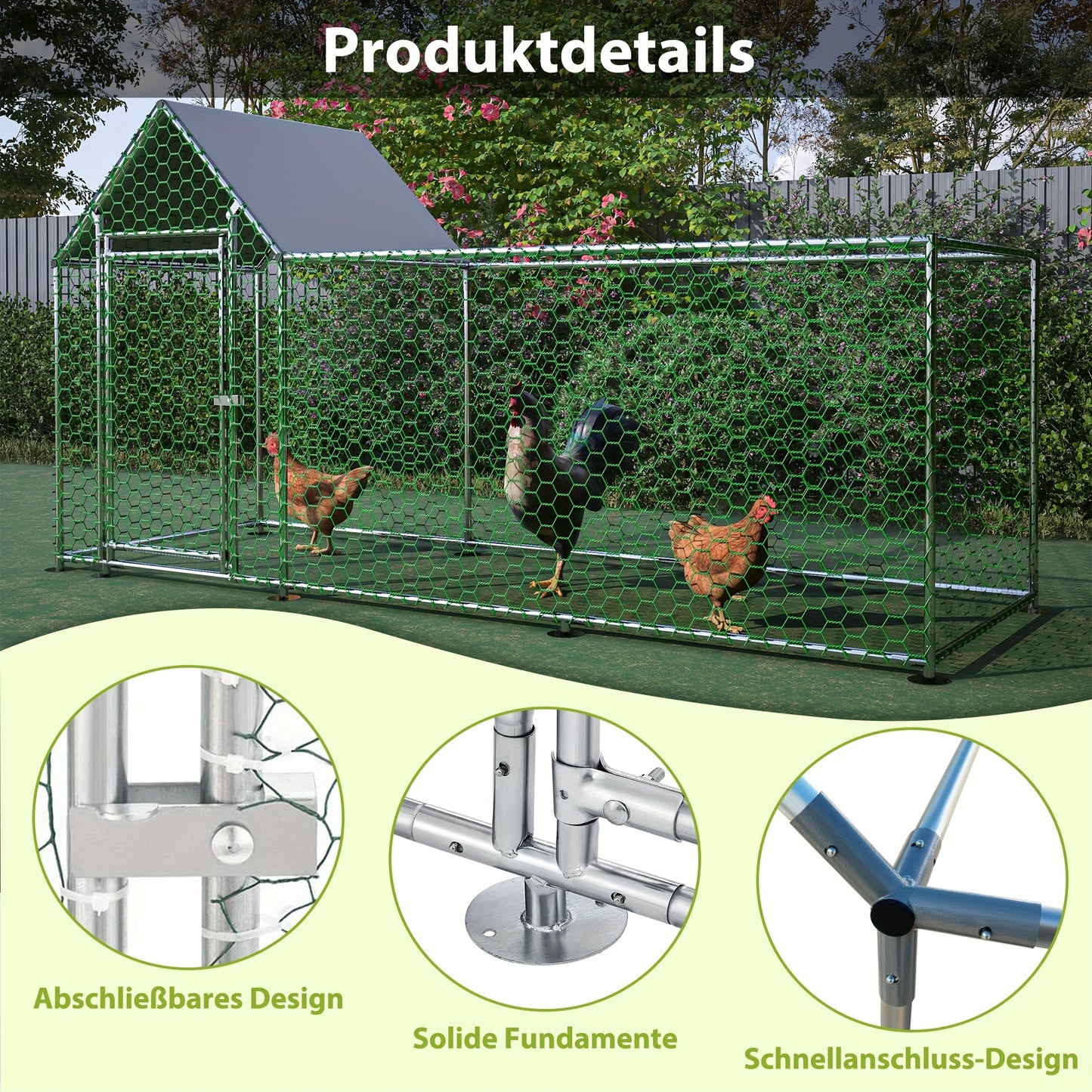 Metalen Omheining Kip – Ren, Hek, Kippenren, Buitenren – Zilverkleurig – 3x1x1,5 Meter – UV-Bestendig Coating – Versterkt Slot