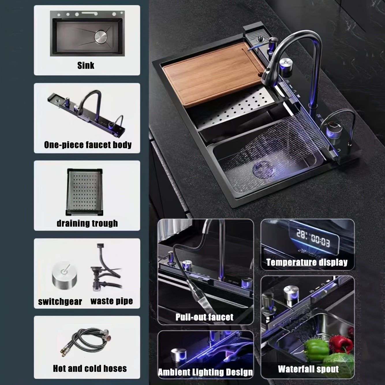 Keukenspoelbak – Spoelbak RVS – Onderbouwspoelbak – Keukensink – Spoeltafel – Gun Grey RVS – Digitale Display – Nano Coating & Rechthoekig Design