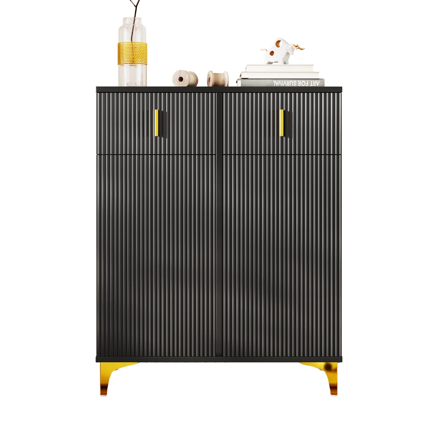 Dressoir – Sidetable – Opbergkast – Schoenenkast – Dressoirkast – Zwart Met Goudkleurige Details – Verstelbare Planken – Push-To-Open Mechanisme
