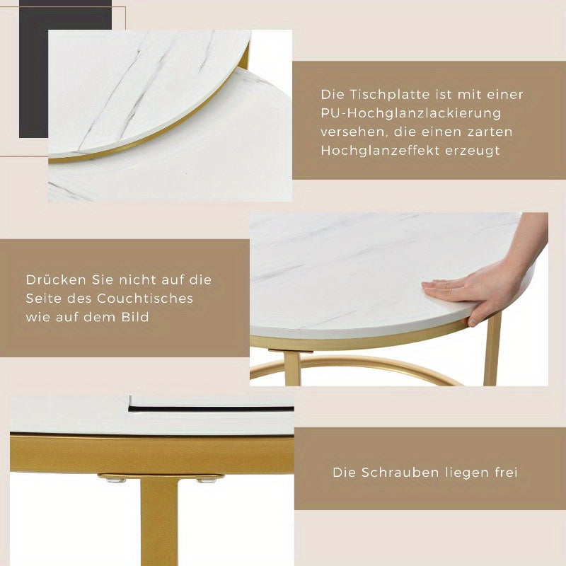 Salontafel – Bijzettafel – Koffietafel – Nestingtafel – Uittrekbare Tafel – Modern Design – Hoogglans Marmerlook – Verstelbare Hoogte – Zwart Metaal – Gouden Accenten