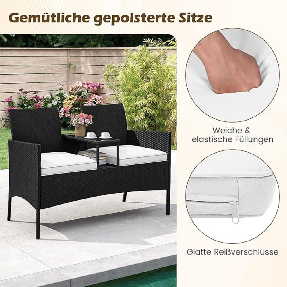 Tuinbank – Buitenbank – Buiten Zitbank – Rattan Bank – 2-Zits Bank – Ergonomisch Zitcomfort – Geïntegreerde Glazen Tafel