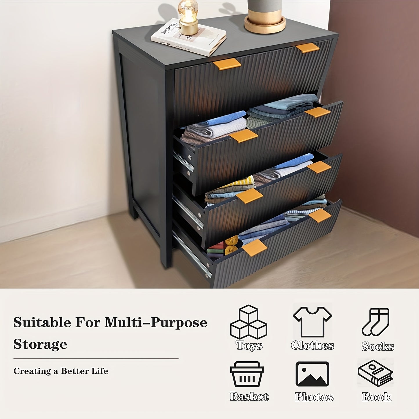 Ladekast – Commode – Kast – Dressoir – Ladeblok – Zwart – 4 Ruime Lades – Duurzaam MDF Met Metaal