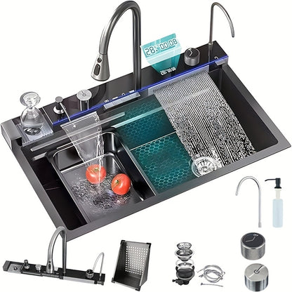 Spoelbak – Keukenspoelbak – RVS Spoelbak – Wasbak – Vaatwasbak – Zwarte Grote Spoelbak – 5,0 mm Dik Roestvrij Staal – Zelfreinigend Hydro-elektrisch Design