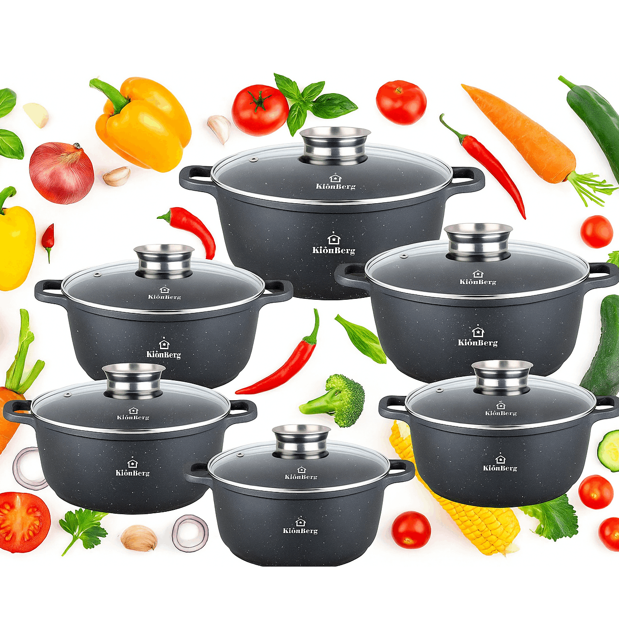 12-delige Pottenset – Kookpot – Braadpan – Stoofpot – Steelpan – Marmeren Coating – Geschikt Voor Alle Kookplaten – Inductie – PFOA-vrij – Antiaanbaklaag