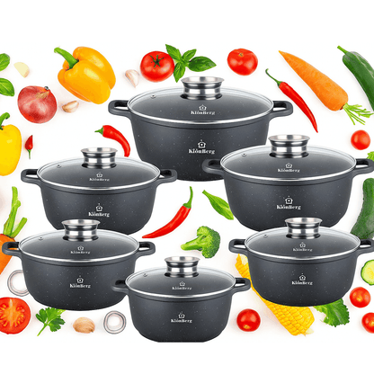 12-delige Pottenset – Kookpot – Braadpan – Stoofpot – Steelpan – Marmeren Coating – Geschikt Voor Alle Kookplaten – Inductie – PFOA-vrij – Antiaanbaklaag