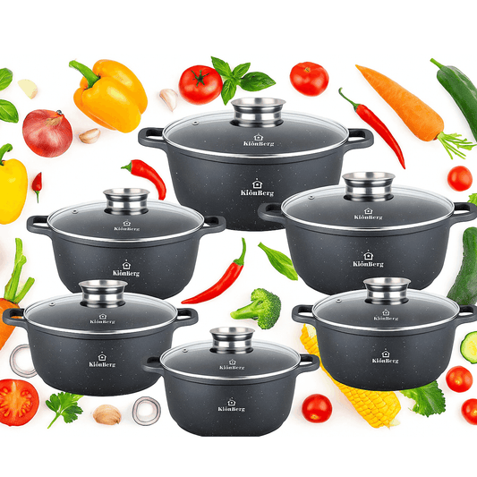 12-delige Pottenset – Kookpot – Braadpan – Stoofpot – Steelpan – Marmeren Coating – Geschikt Voor Alle Kookplaten – Inductie – PFOA-vrij – Antiaanbaklaag