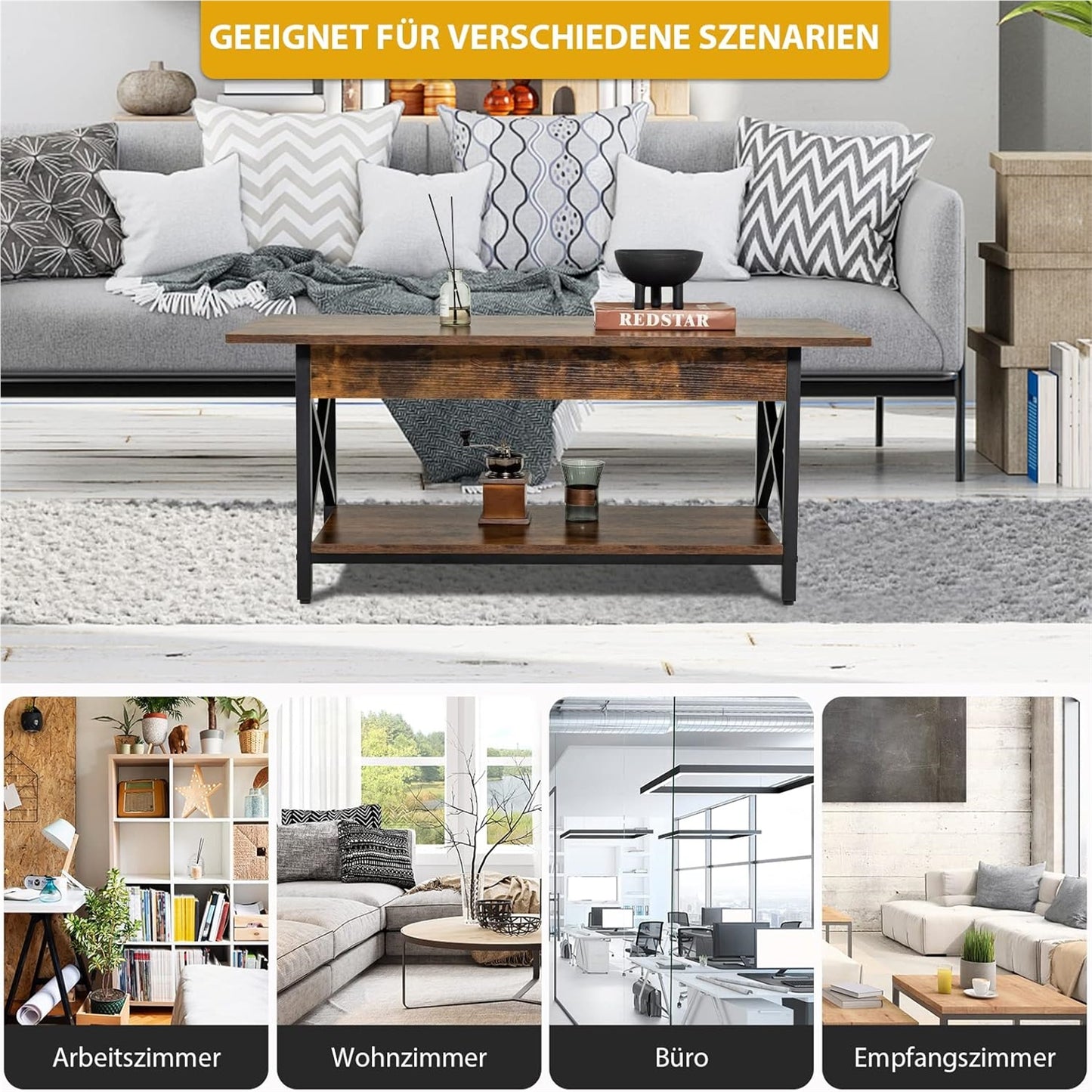Salontafel – Koffietafel – Woonkamertafel – Bijzettafel – Houten Tafel – Industrieel Design – Extra Opbergruimte – Robuust Metalen Frame – 110 x 60 x 48 cm – Rustic Brown