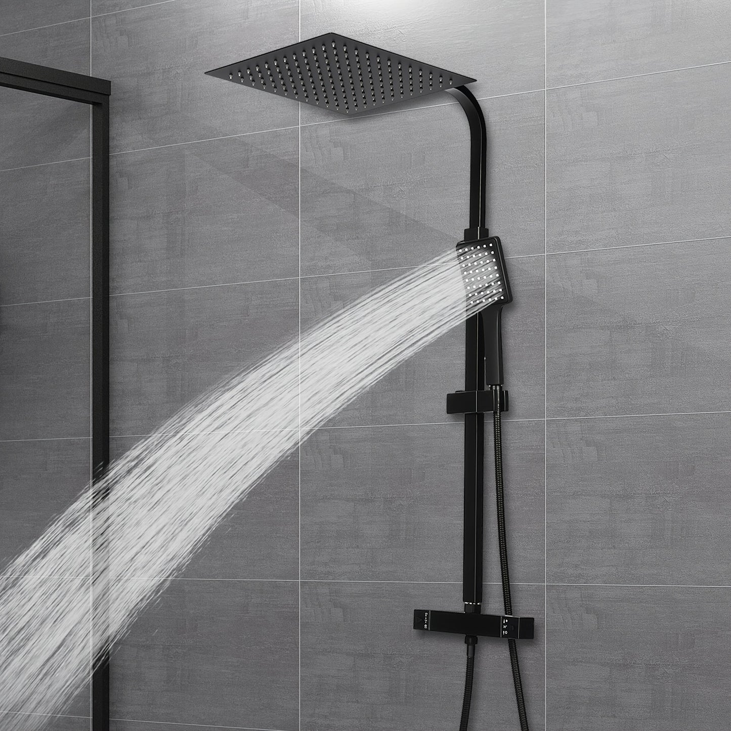 Doucheset – Douchesysteem – Douchekop – Regendouche – Handdouche – Zwart Thermostaatkraan – Verstelbare Hoogte 80-120 cm – RVS & Messing – Veiligheidslimiet 38°C