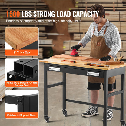 Werkbank – Werktafel – Werkbank Op Wielen – Werkbank Met Lade – Mobiele Werkbank – Houten Werkblad 122 cm – Draagkracht Tot 680 kg