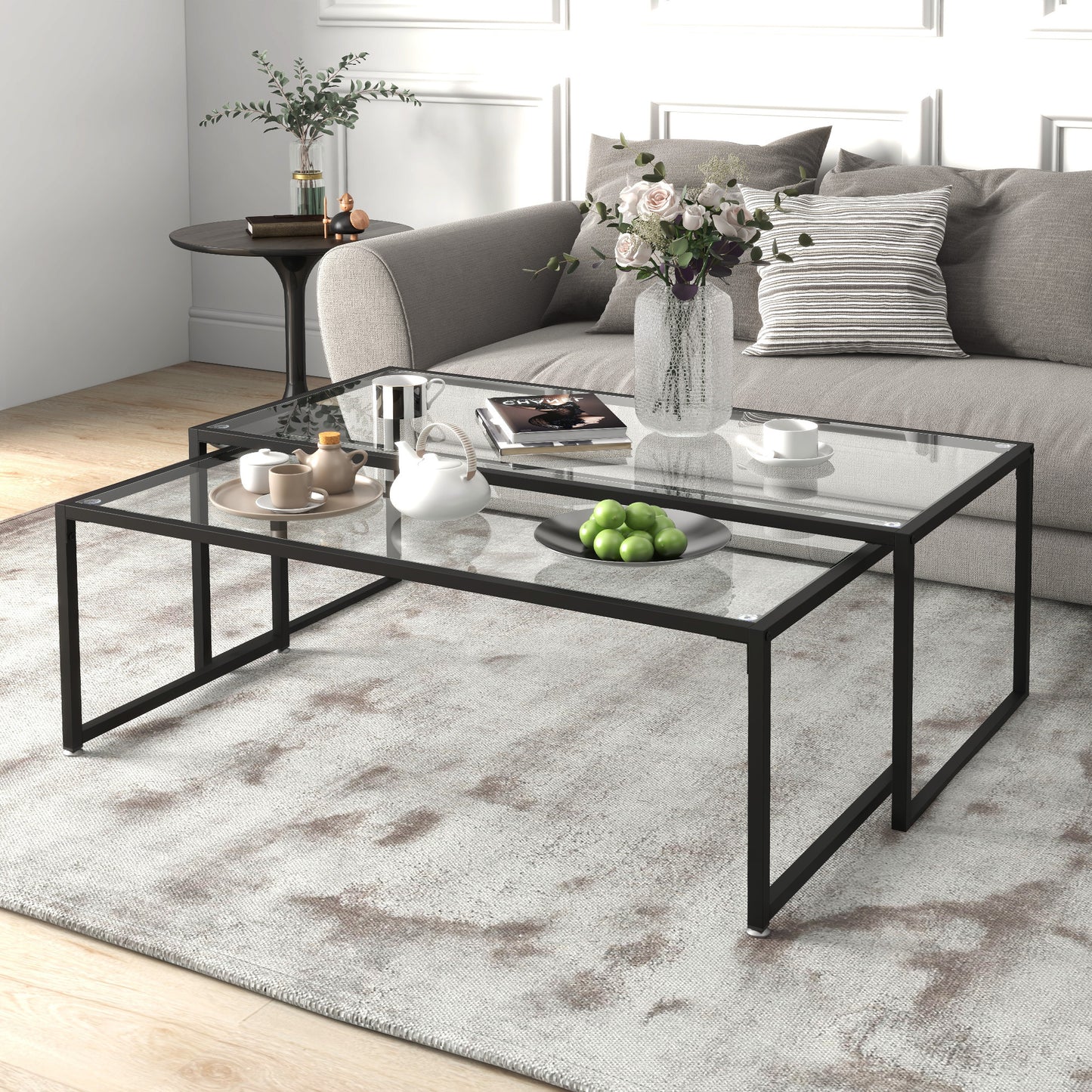 Nesting Salontafel – Bijzettafel – Woonkamertafel – Tafelset – Zwart Geharde Glas – Stalen Frame – Ruimtebesparend Design – Set Van 2