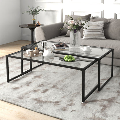 Nesting Salontafel – Bijzettafel – Woonkamertafel – Tafelset – Zwart Geharde Glas – Stalen Frame – Ruimtebesparend Design – Set Van 2