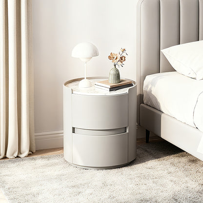 Ronde Nachtkast – Nachtkastje – Bedside Table – Bijzettafel – Nachtkastje Met Laden – Grijs – Massief Hout – Microvezel Leder Afwerking – Compacte Ruimtebesparende Opbergruimte