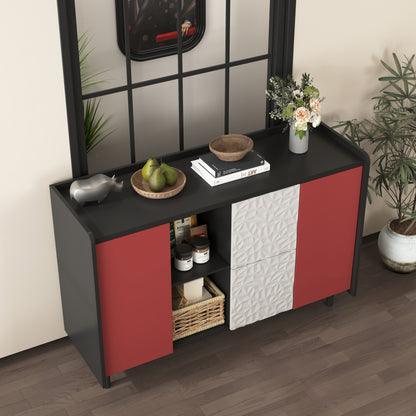 Modern Black & Red Metal Sideboard Cabinet with 2-Drawer Panel Design & Open Shelves - Coffee Bar Storage, Non-Wood Kitchen/ Furniture, Easy Assembly Required (Contemporary for Decor)