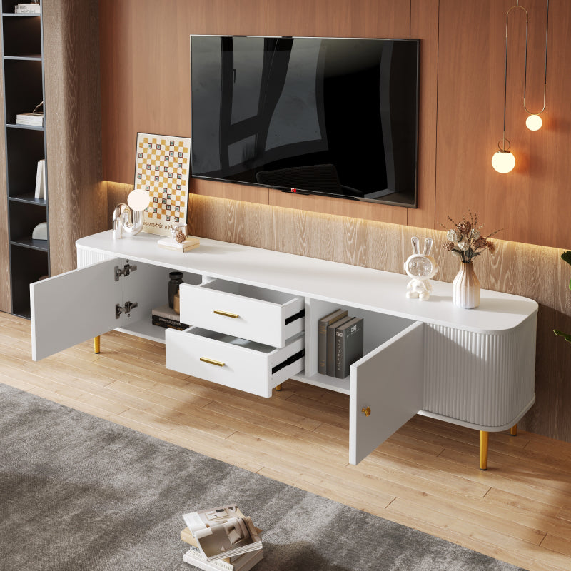 TV-meubel – TV-kast – Media meubels – Meubel voor televisie – Tv-standaard – Wit met gouden accenten – Afgeronde hoeken en golvende zijkanten – Ruime opbergruimte en compact design