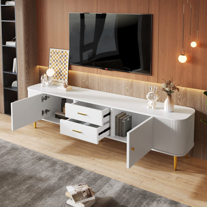 TV-meubel – TV-kast – Media meubels – Meubel voor televisie – Tv-standaard – Wit met gouden accenten – Afgeronde hoeken en golvende zijkanten – Ruime opbergruimte en compact design