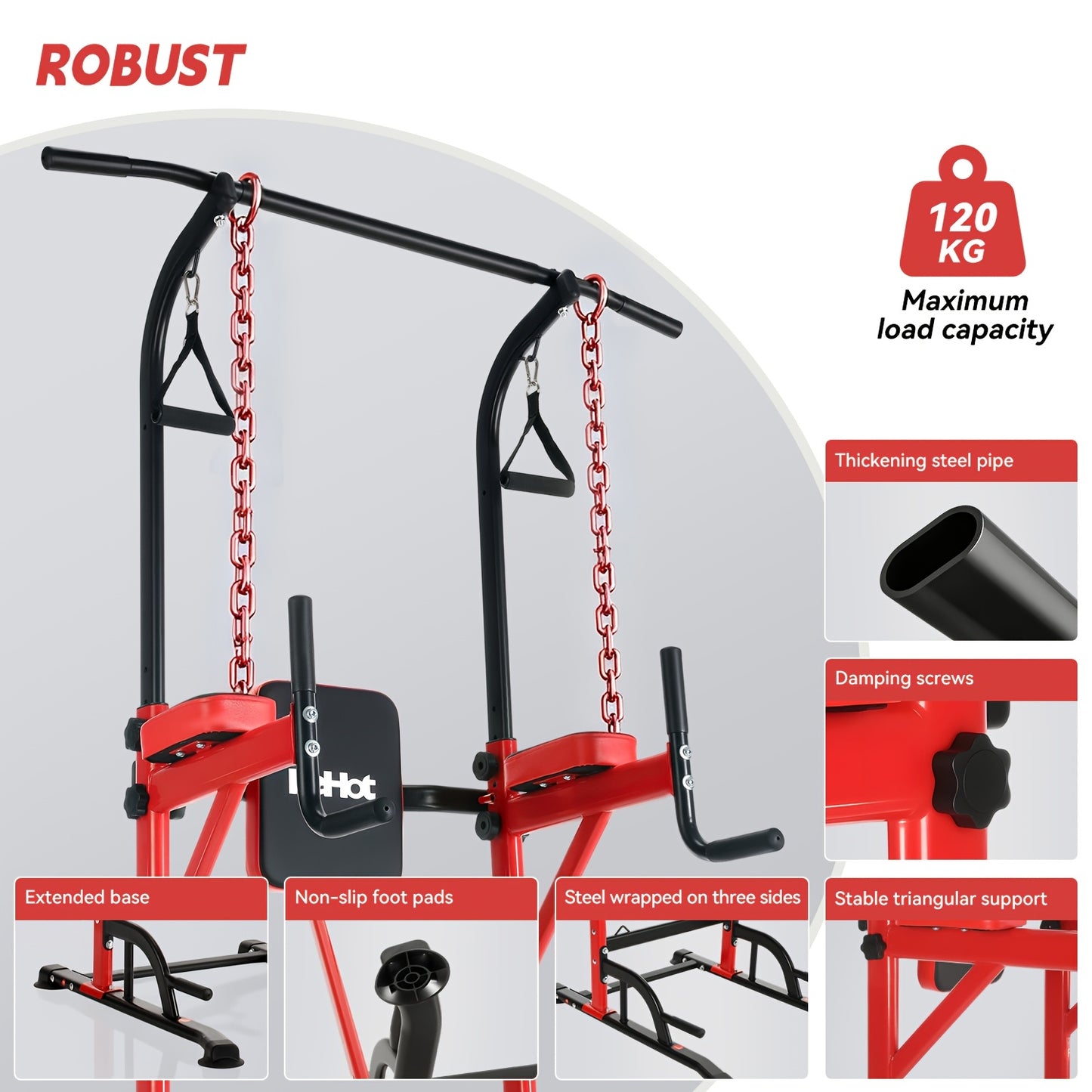 Verstelbare Pull-Up Bar Stand – Optrekstang – Klimrek – Fitnessrek – Trainingsrek – Zwart Rood – Verstelbare Hoogte 140-190 cm – Stevig Staal 120 kg Belastbaar