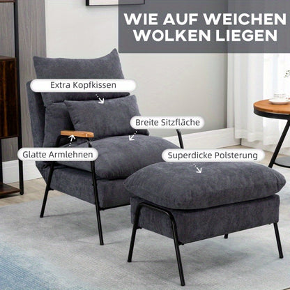Loungefauteuil – Relaxstoel – Zetel – Slaapstoel – Fauteuil – Verstelbare Rugleuning – Grijs Stof & Zwart Metalen Frame