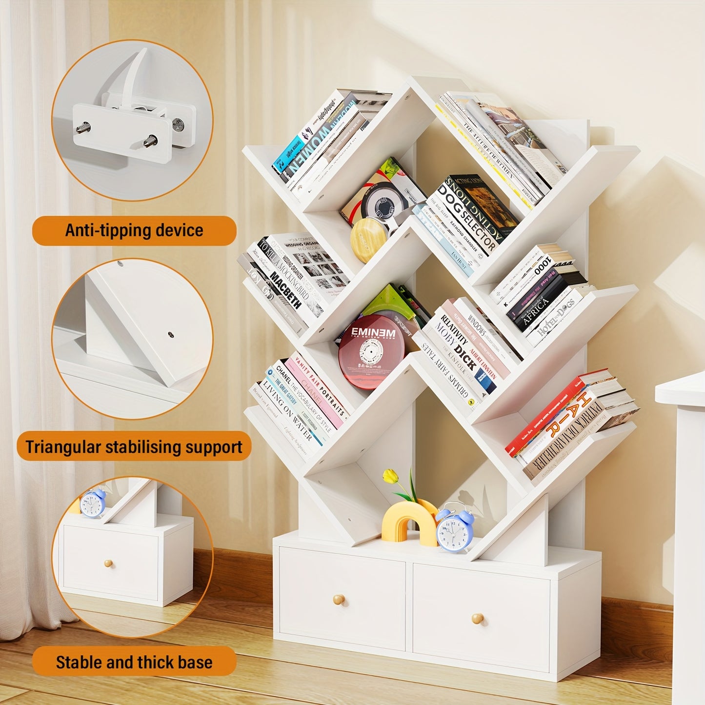 Boomvormige Boekenkast – Boekplank – Opbergkast – Wandrek – Boekenkast Met Lades – Wit Hout – Compact 60x20x100 cm – Vrijstaand & Duurzaam