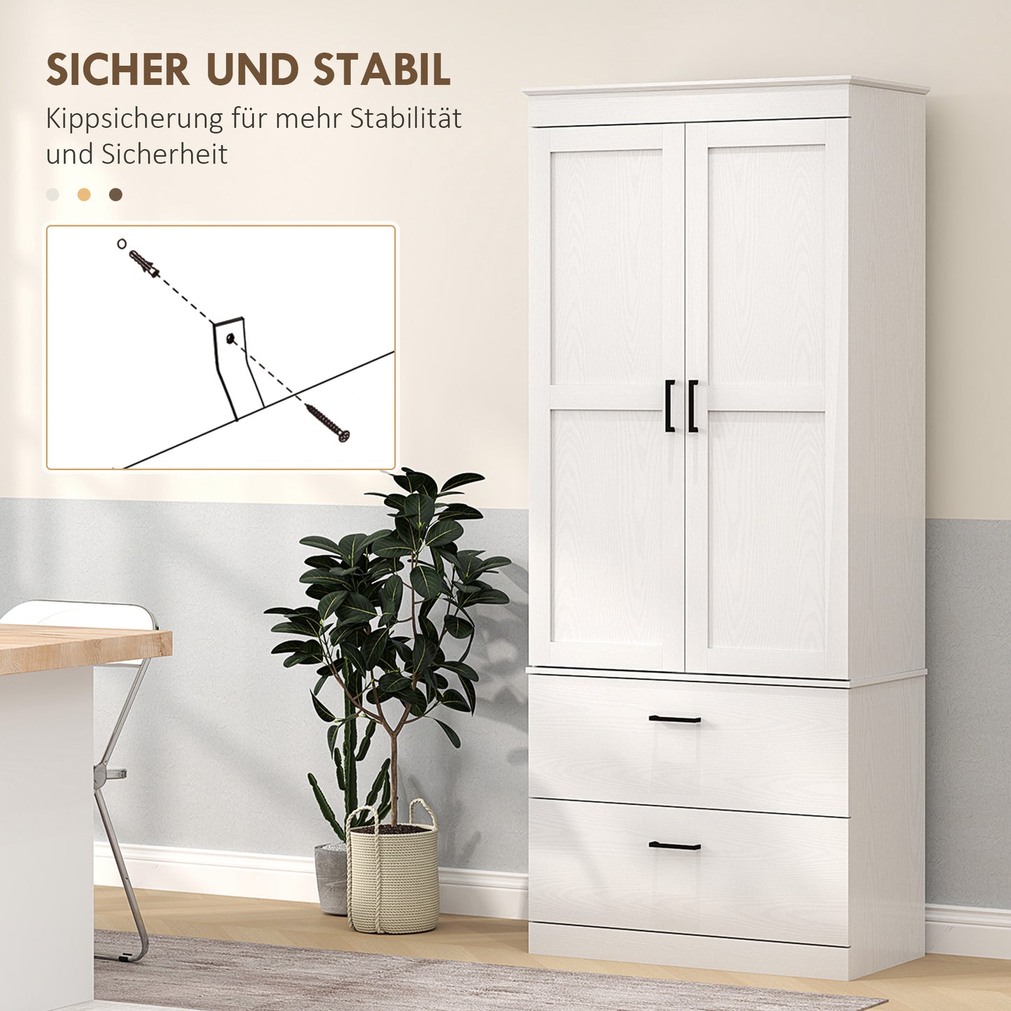 Keukenkast – Hoge Kast – Opbergkast – Buffetkast – Ladekast – Verstelbare Planken – Hout Crème Wit – 75x39x178 cm – Anti-Kantel Veilig