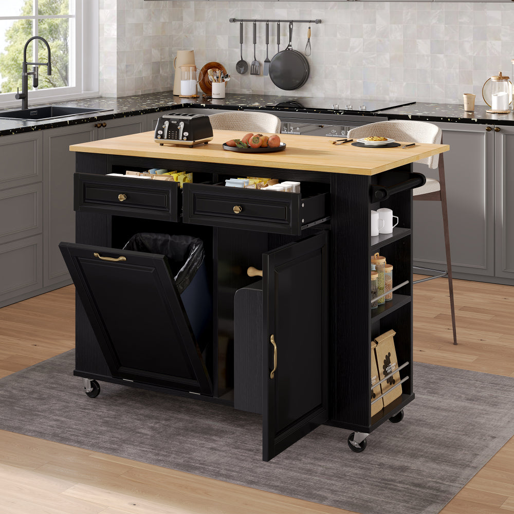 Keukentrolley – Keukeneiland – Keukenkast – Serveerwagen – Trolley Op Wielen – Uitschuifbare Tafel – Zwart Kastje Met Wit Werkblad
