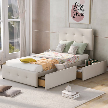 Bedbank – Slaapbank – Logeerbed – Eenpersoonsbed – Bed – Lichtbeige Gestoffeerd – Lattenbodem – 2 Grote Opberglades