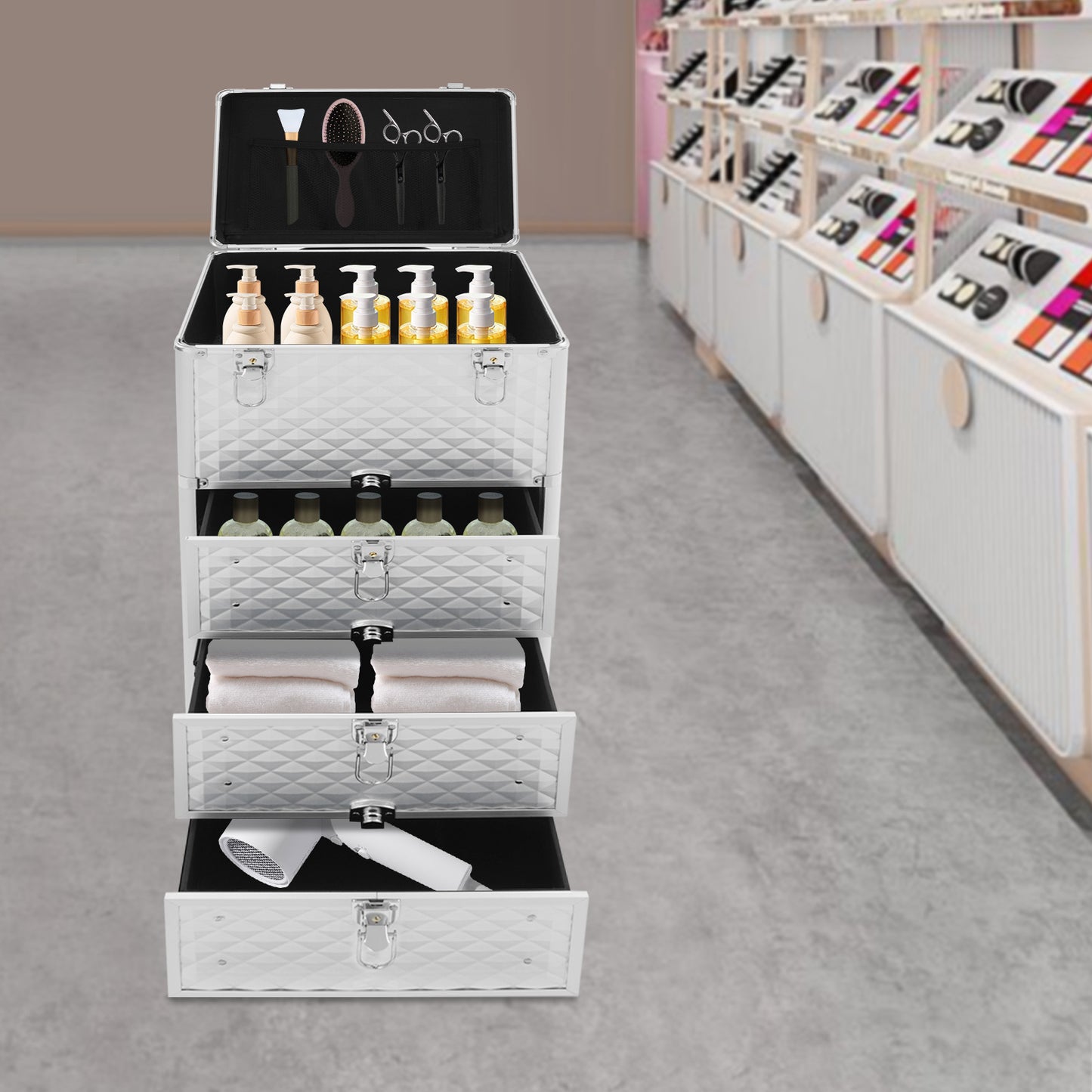 Make-up Koffer – Make-up Organizer – Beauty Koffer – Rolling Case – Salon Trolley – Aluminiumlegering & Duurzaam – 3 Laden & Wieltjes