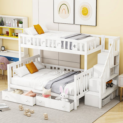 Hoogslaper – Stapelbed – Kinderbed – Mezzaninebed – Halfhoogslaper – Stabiele Trap – 2 Grote Lade Opbergruimtes – 90x200 & 140x200 cm – Wit Modern Design